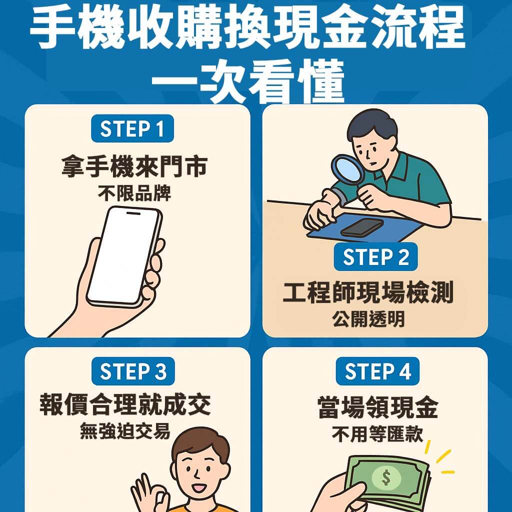手機收購流程懶人包:帶手機到門市、現場檢測、報價成交、當場領現金