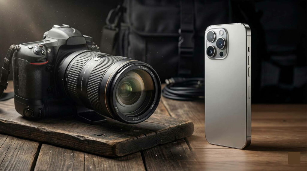 笨重的單眼相機鏡頭與輕薄的iPhone 17 Pro Max對比示意圖