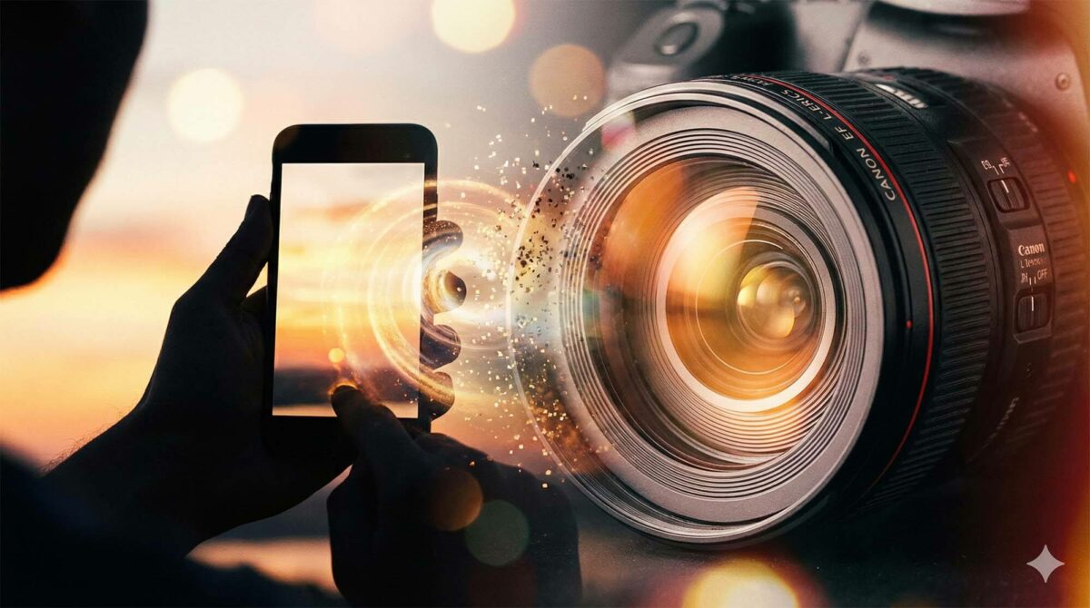 雙重曝光藝術圖，將智慧型手機的輪廓與專業相機鏡頭融合，象徵跨界升級 / Double exposure image blending a silhouette of a smartphone with a professional camera lens, creative transition effect.