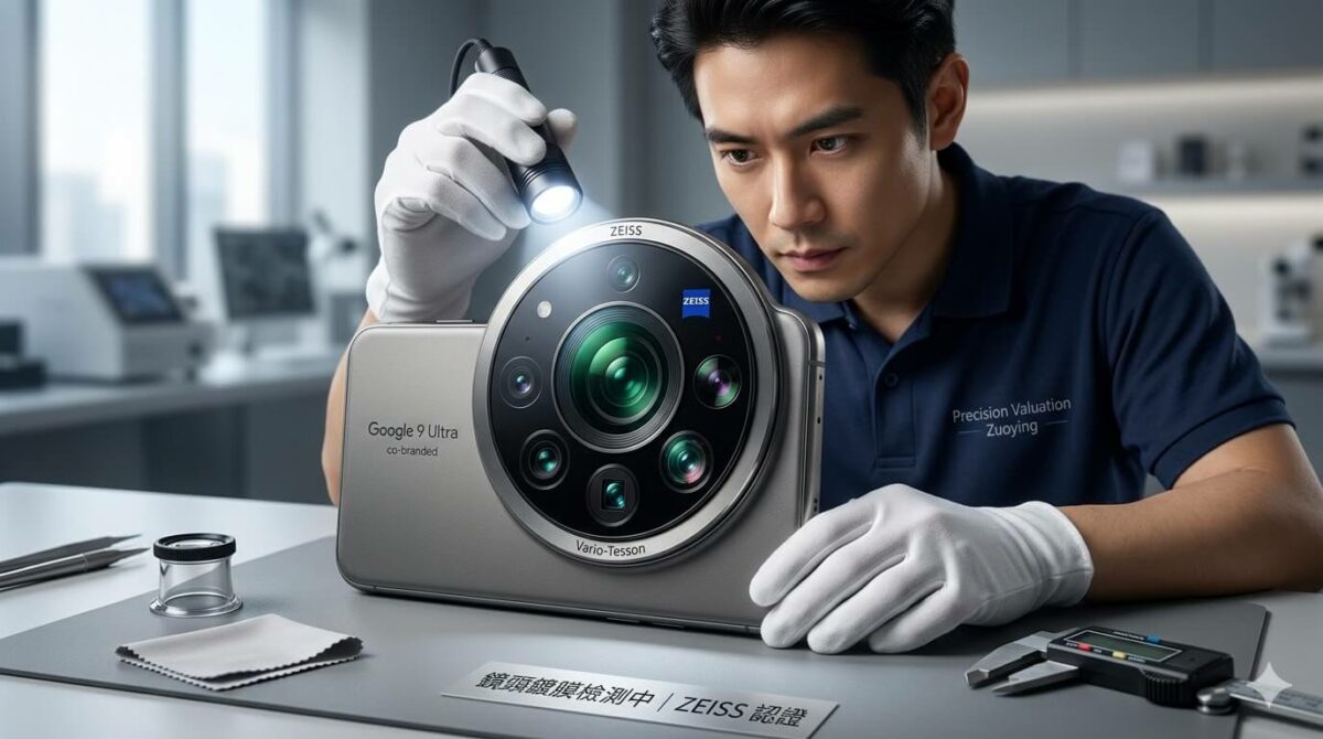 專業職人針對配備超大感光元件與聯名鏡頭的影像旗艦二手手機進行精密的光學估價檢測